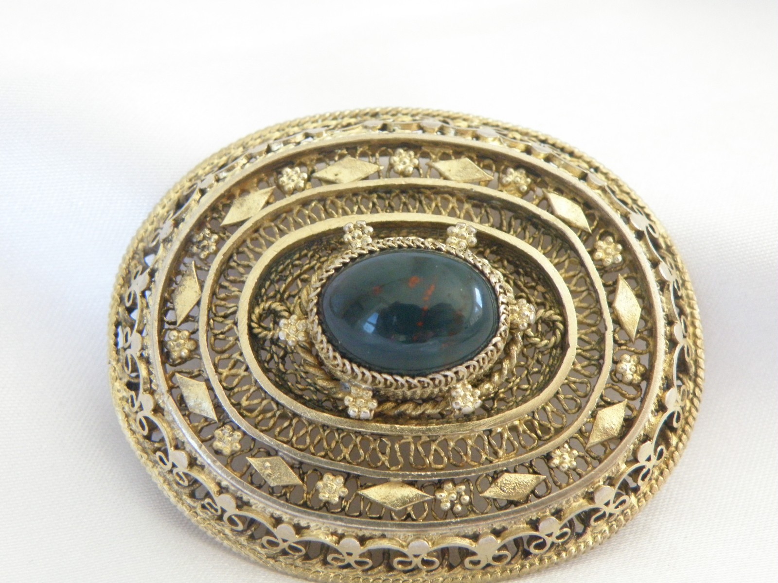 Vintage Silver Gold Plated Natura Bloodstone Large Filigree Brooch