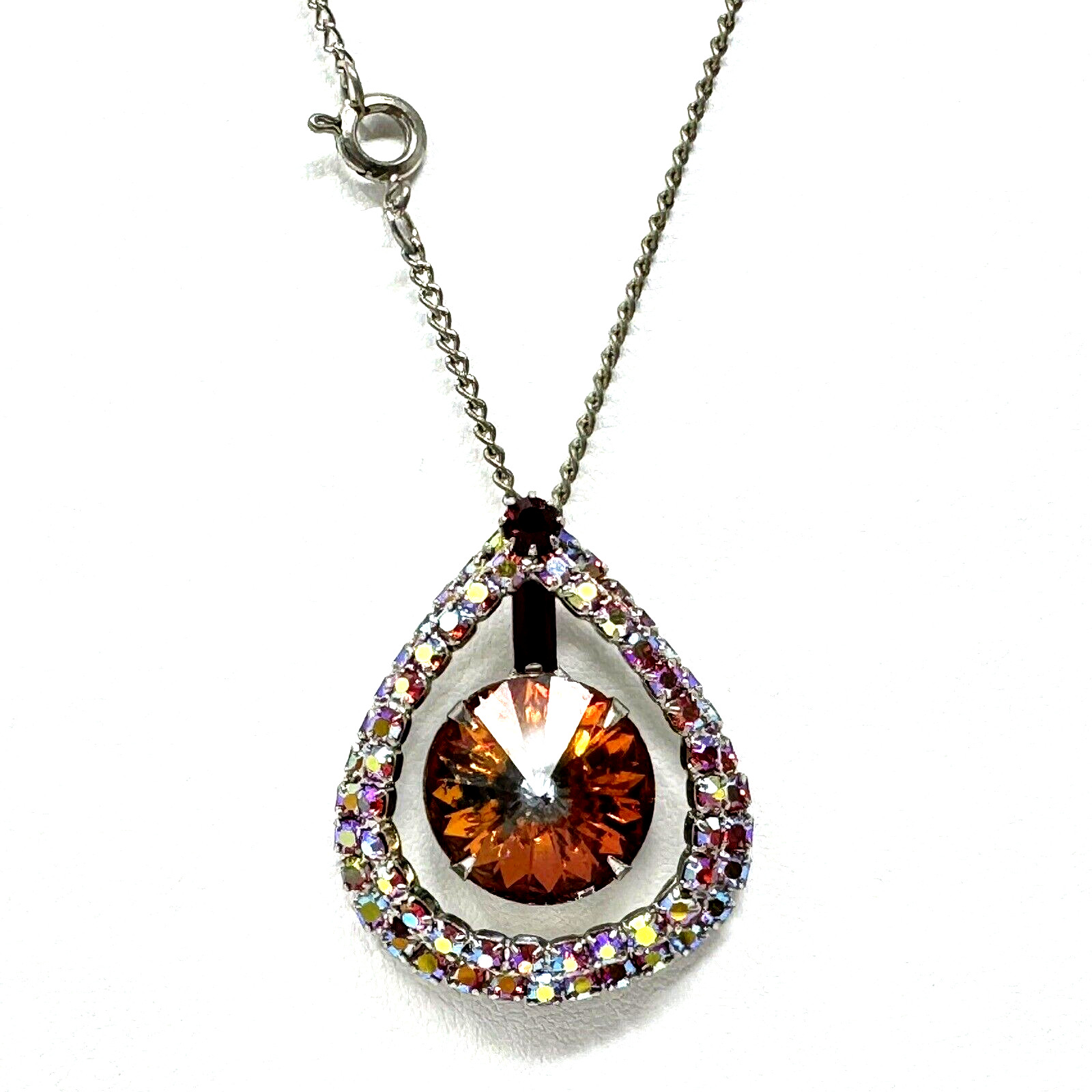 Vtg 19″ TEARDROP Pendant NECKLACE – RIVOLI Crystal – Red & AB Rhinestone