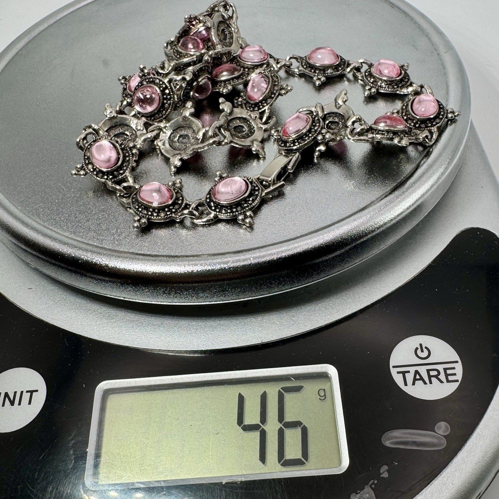 Vintage Silver Beaded & Marcasite Collar Necklace, Bezel Set With Pink Cabochons