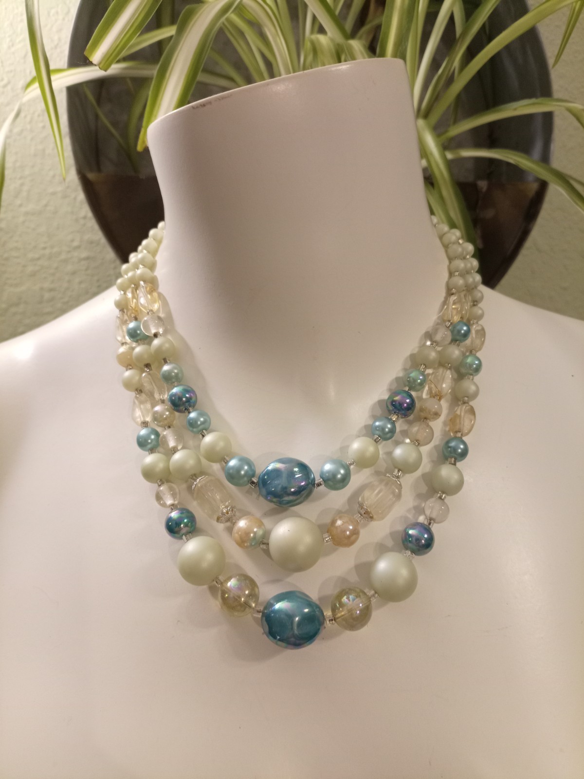 VNTG Japan Shades Of Blue Beaded 3strand Necklace And Matching Clip Earrings