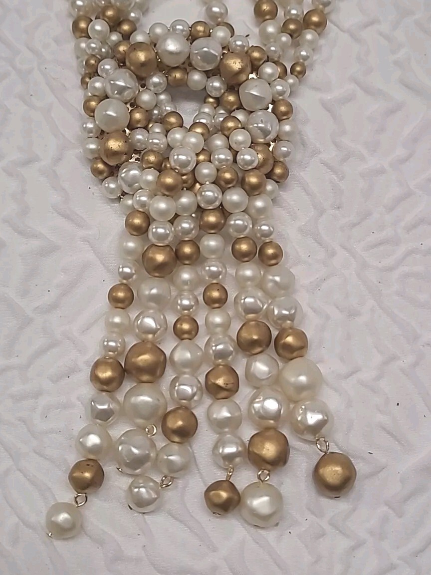 VINTAGE MULTI STRAND PEARL NECKLACE WITH DANGLES GOLD SILVER AND IVORY