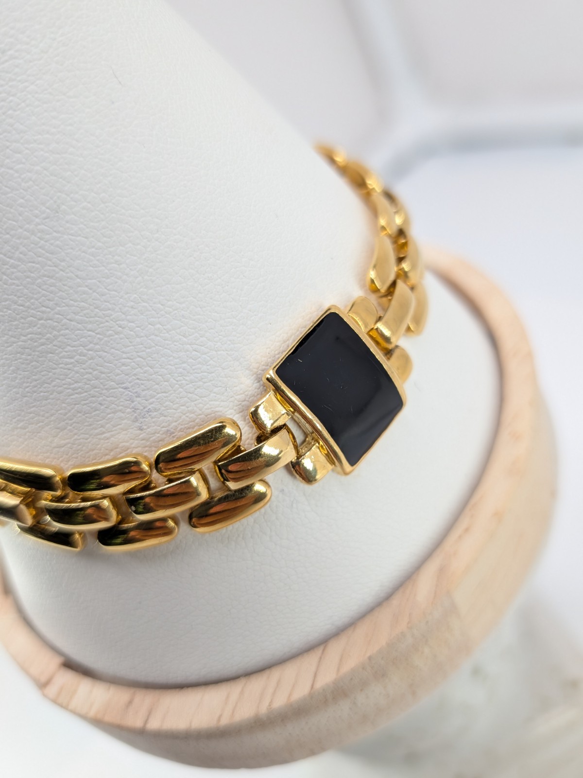 Trifari Signed Gold Tone Black Station Link Bracelet 7.25 in Vintage Designer