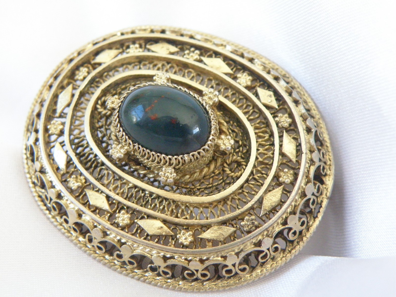 Vintage Silver Gold Plated Natura Bloodstone Large Filigree Brooch
