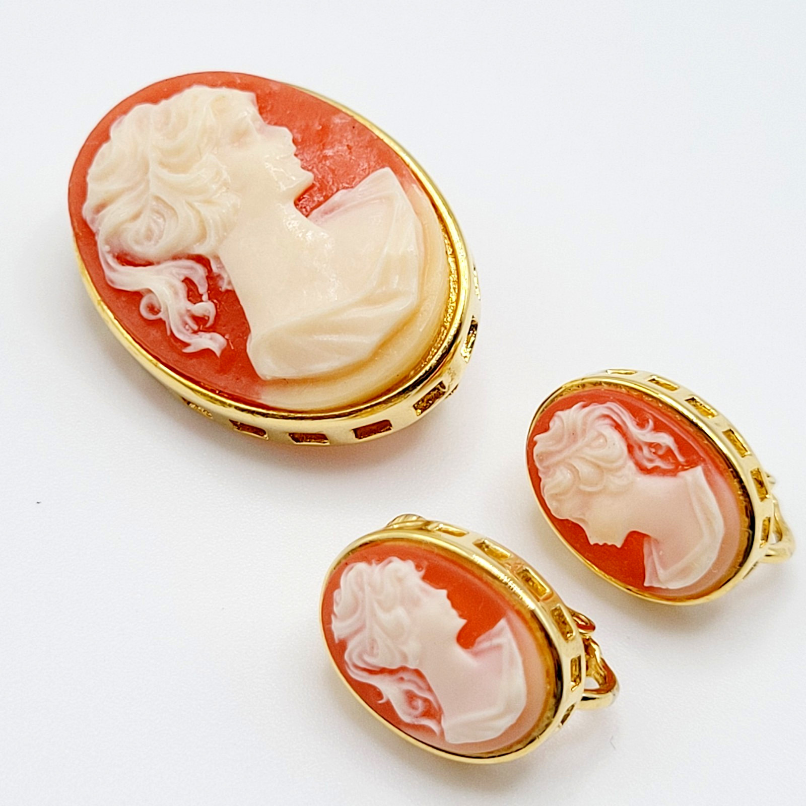Cameo Set Resin Backed Gold Tone Open Works Frame Salmon Coral Color Revival
