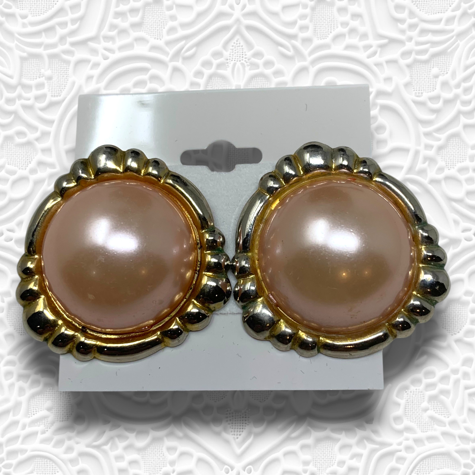Vintage 1980s Pink Cabochon Gold Tone Oversized Pierced Earrings Mogul Couture