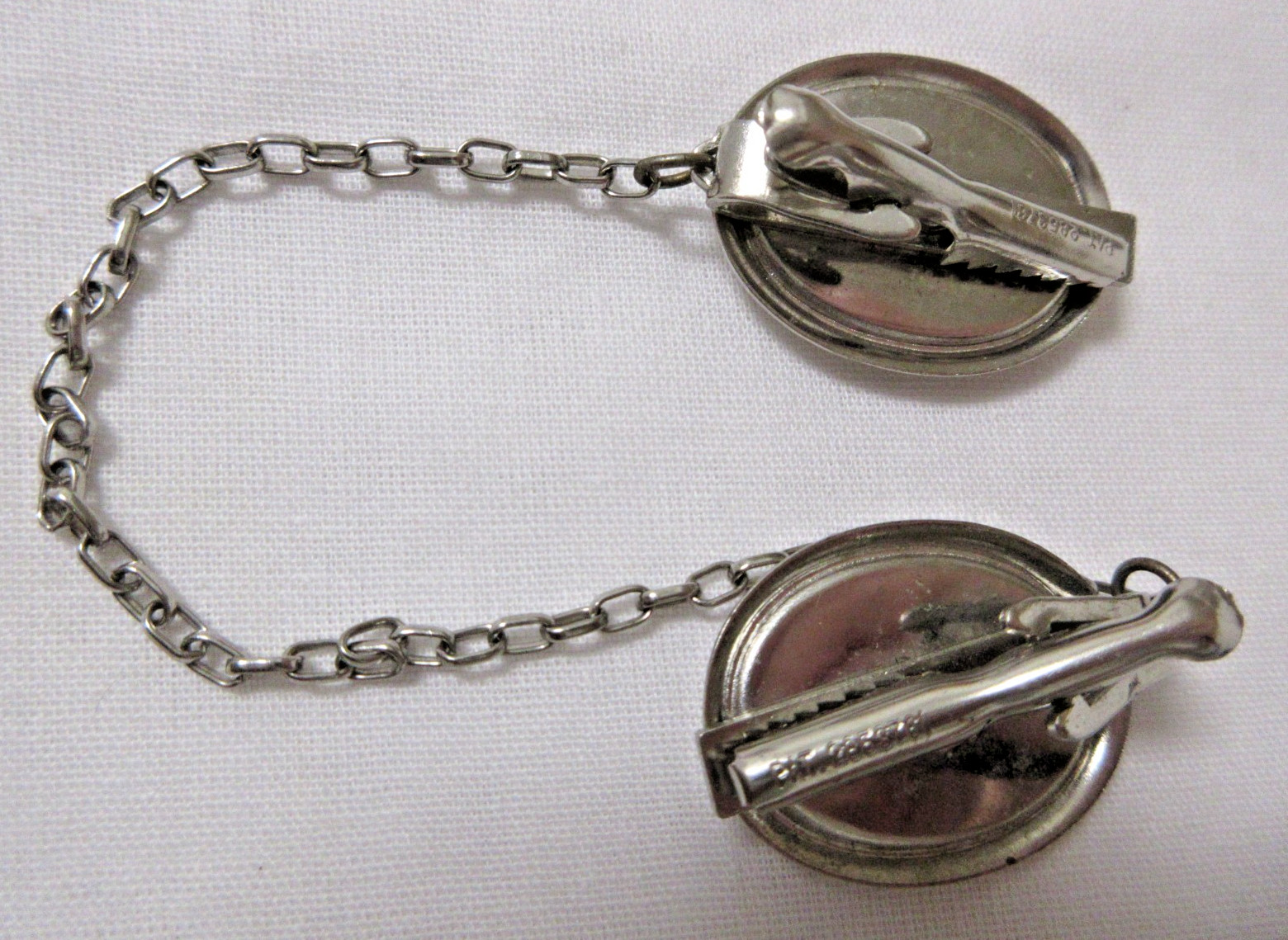 Vintage Silver Tone Hand Painted Pink with White Flowers Porcelain Sweater Clip