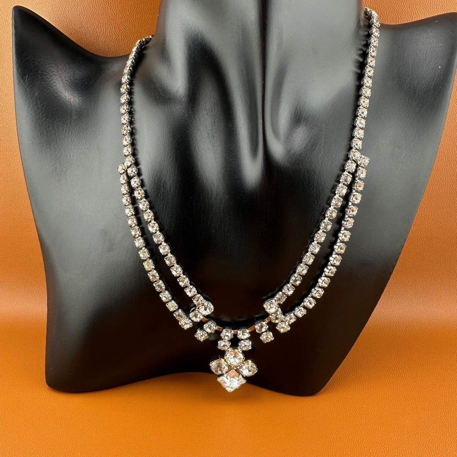 Vintage Rhinestone Festoon Style Necklace Silver Tone Cup Chain Clear Stones