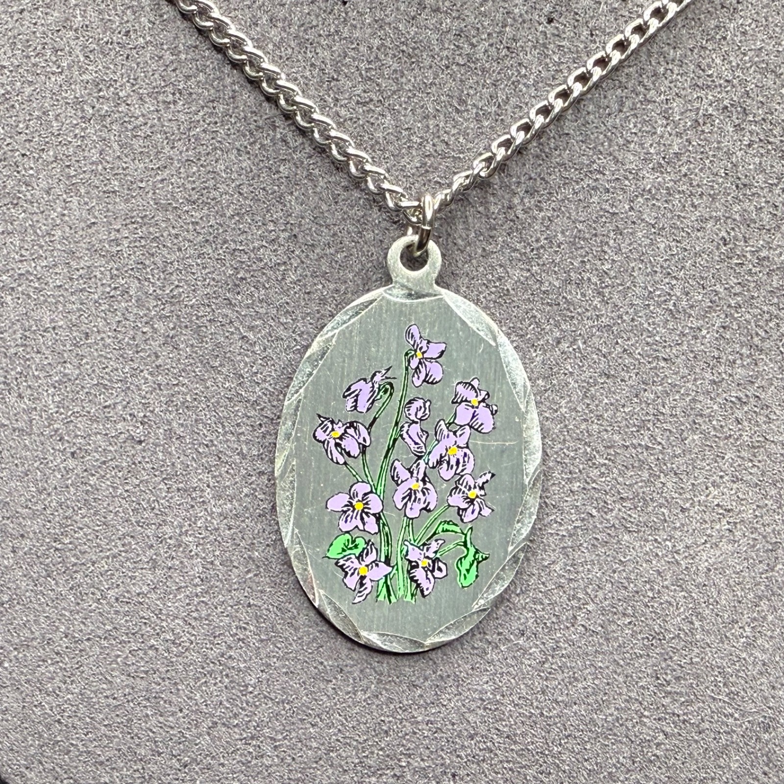 Vintage Genuine Pewter Hand Painted Violets Purple Floral Spray Pendant Necklace