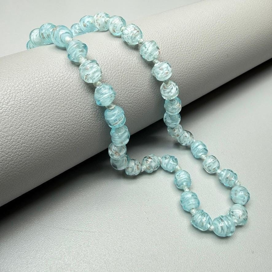 VTG Light Blue Venetian Glass Bead Necklace 16″ Gold Flecks Aventurine Choker