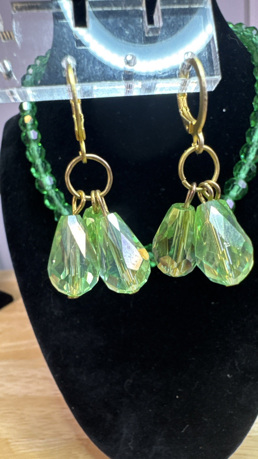 Emerald City Green Crystal Glass Choker Necklace 835 Silver Clasp w/Earrings Set