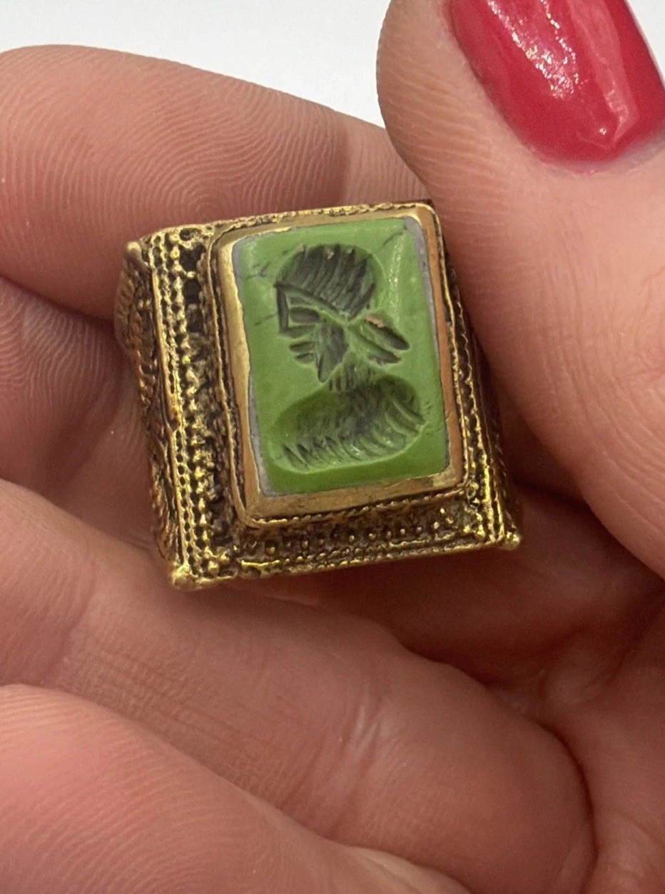 Old World Style Intaglio Ring – Green Engraved Stone, Ornate Scrollwork Band