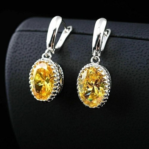 Oval Cut Citrine & Lab Created Diamond Wedding 14Ct White Gold Finish Earrings