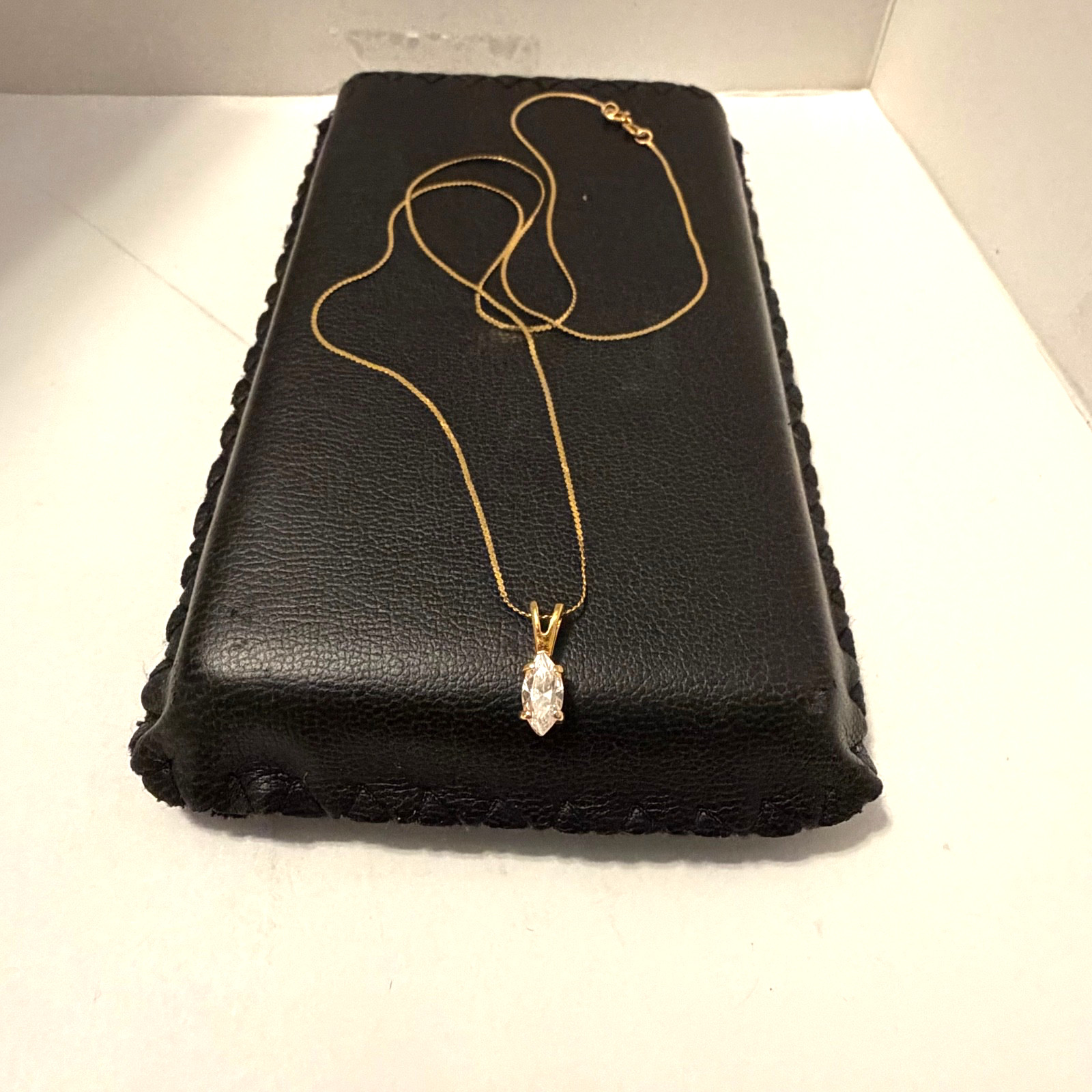 Vintage 14KT Gold Chain Genuine CZ Marquise Pendant Necklace Box Orig CZ Papers!
