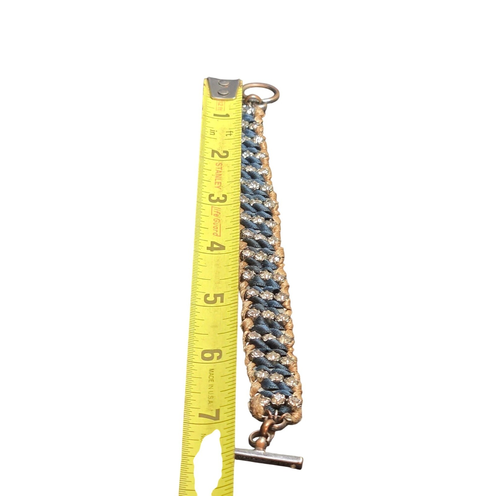 Vintage Woven Blue & Gold Adjustable Bracelet Rhinestone Accents Toggle Closure