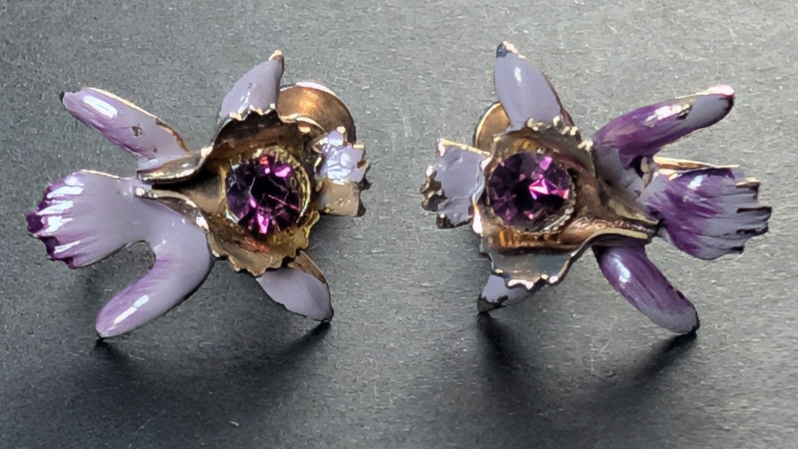 Vintage Orchid with Purple Stone Screwback Earrings – Free Shipping
