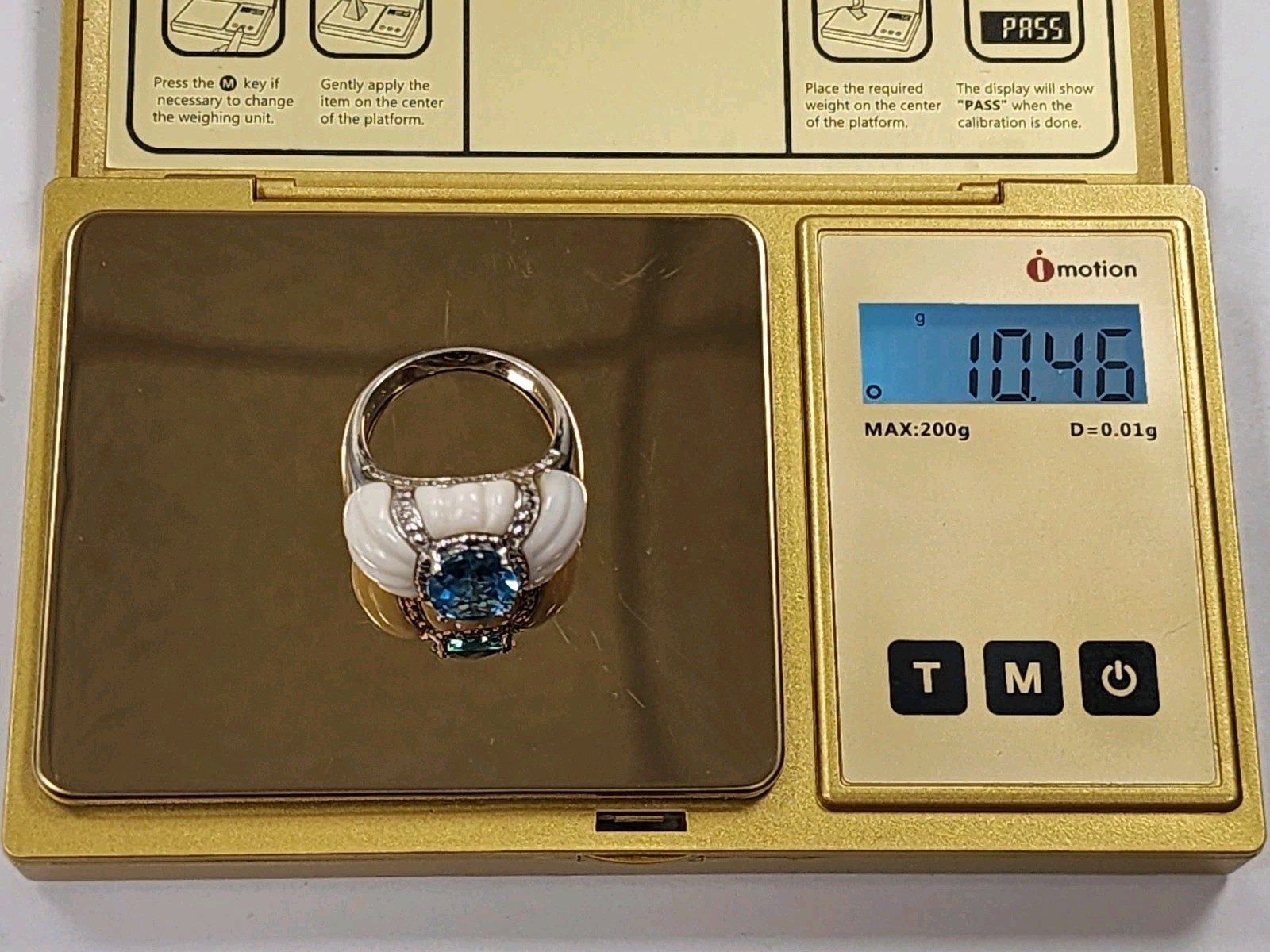 Unique Sterling Silver Ring w. Oval Blue Topaz Setting: White Howlite #3393