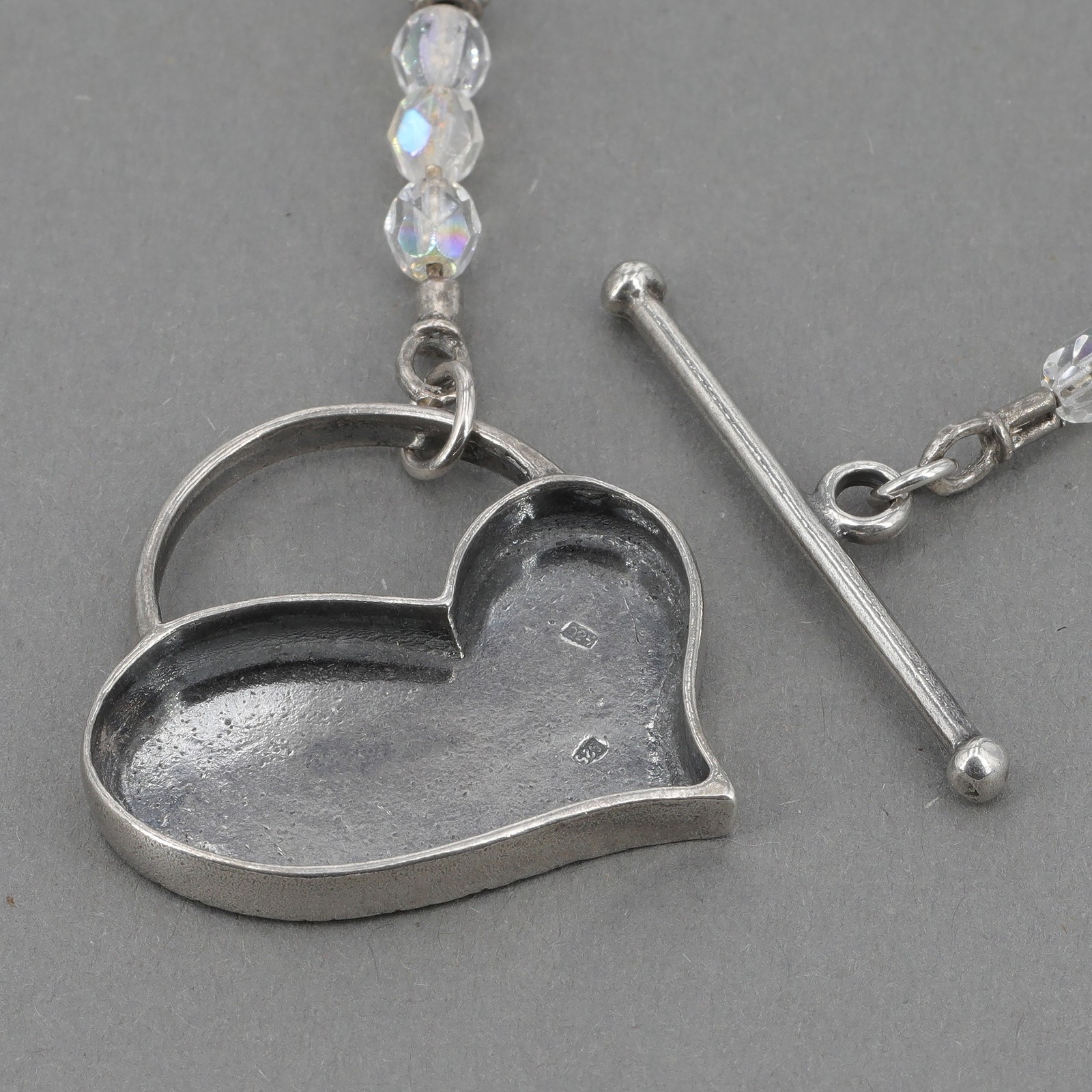 Vintage Silpada Crystal Bead Sterling Hammered Heart Toggle Necklace N0776 HTF
