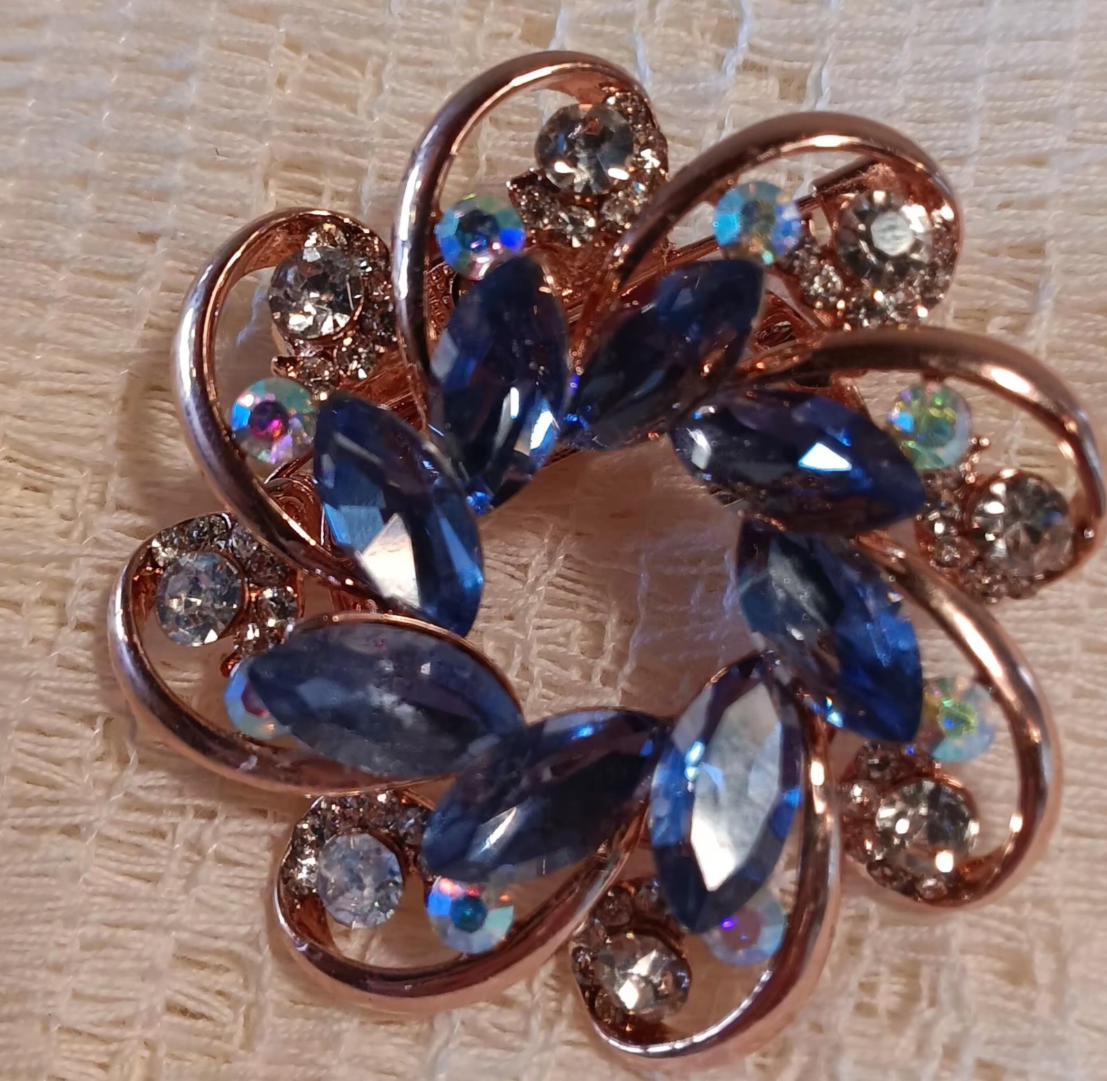 Stunning Rose Tone Gold Brooch with Magnificent Blue and Crystal Gemstones 2″