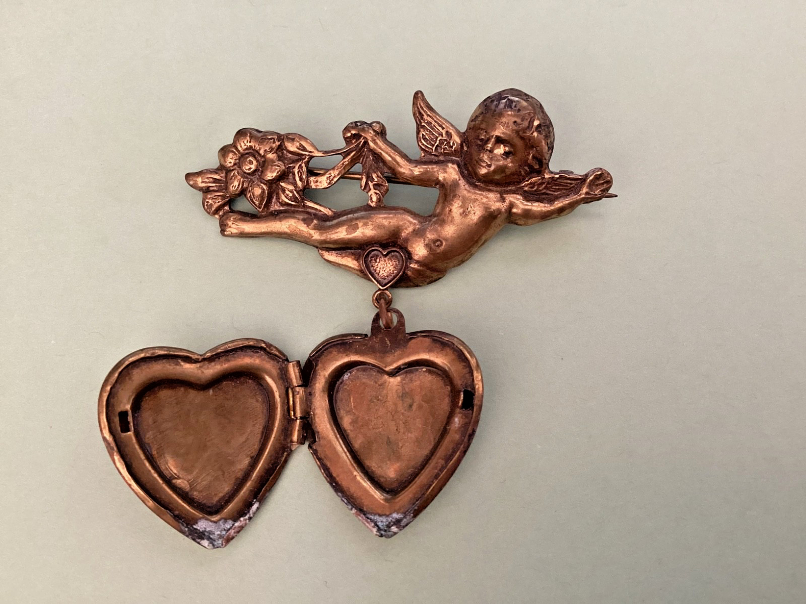 Victorian Valentine Cherub Heart Charm Brooch Brass Putti Angel Pin Vtg