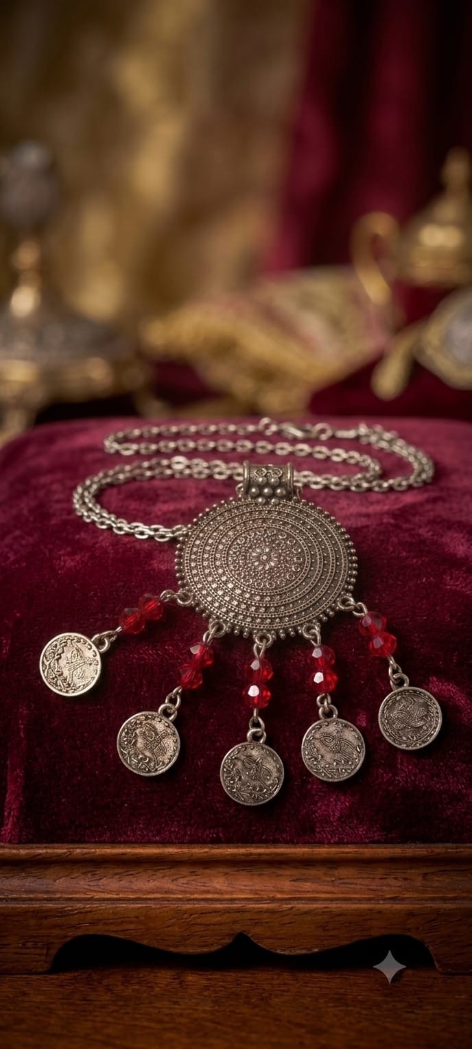 Vintage Silver ToneBoho Ethnic Necklace Coins Pendant Red Beads Womens Jewelry