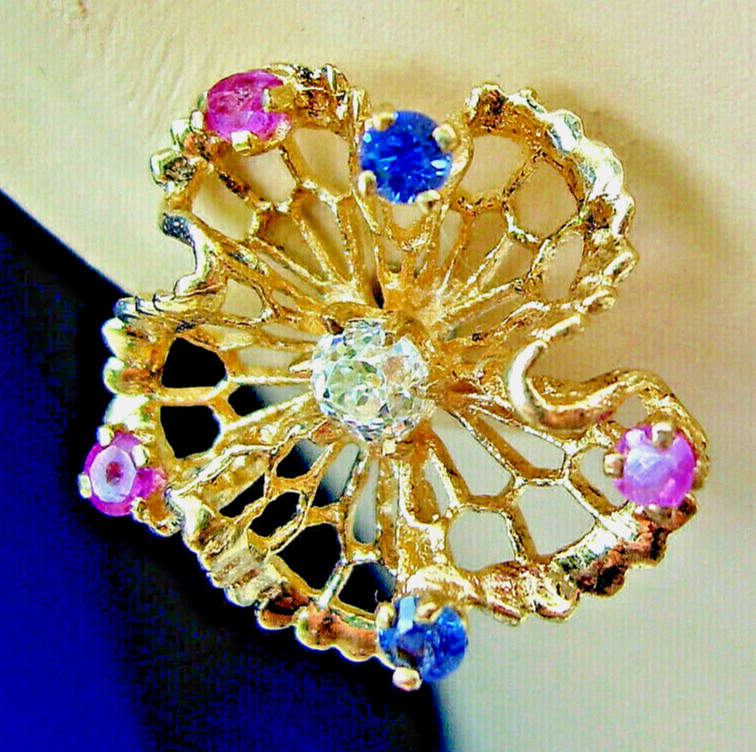 Original EARTH MINED DIAMOND Sapphire Ruby Deco Earrings Vintage SOLID 14K GOLD