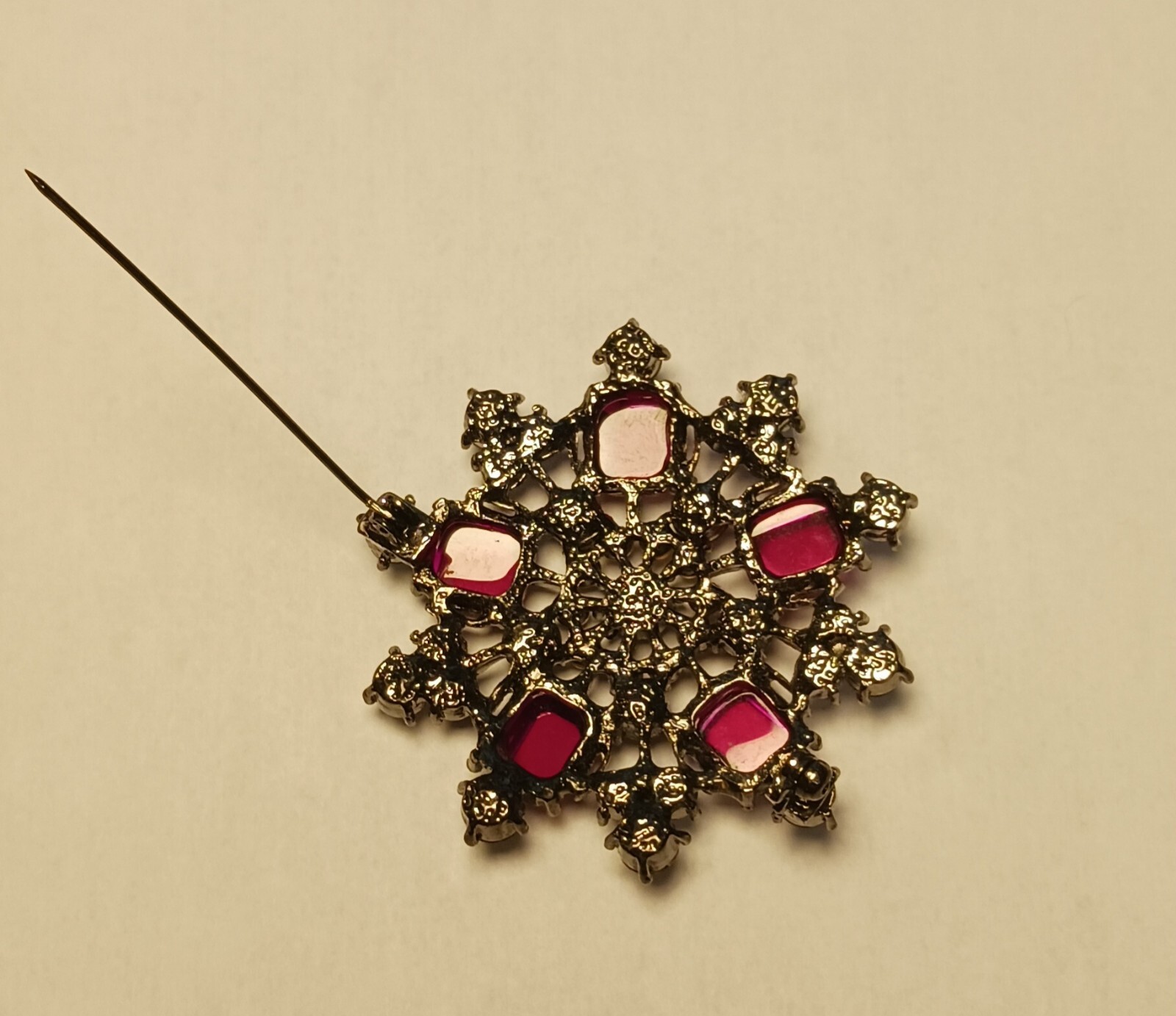 Vintage Brooch Red Square Round Rhinestones Crystal Rhinestones Dark Metal Base