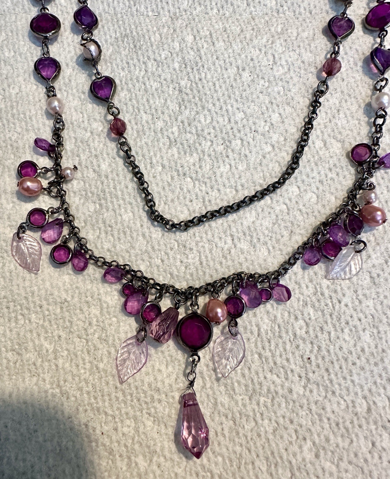 Vintage Purple White Pink Multi Shape Size Beaded Black Chain 48” Necklace