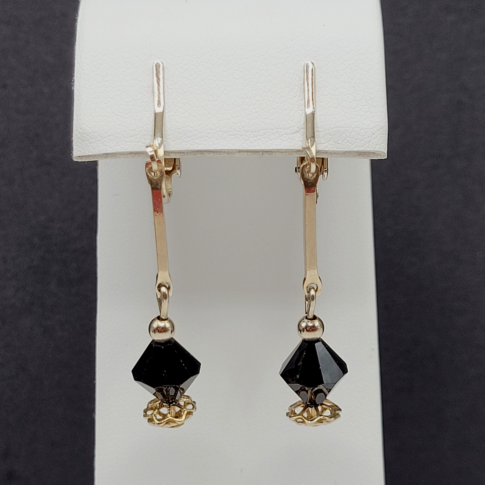 Minimalist Art Deco Drops Black Bicone Crystal Gold Tone Vtg Clip On Earrings