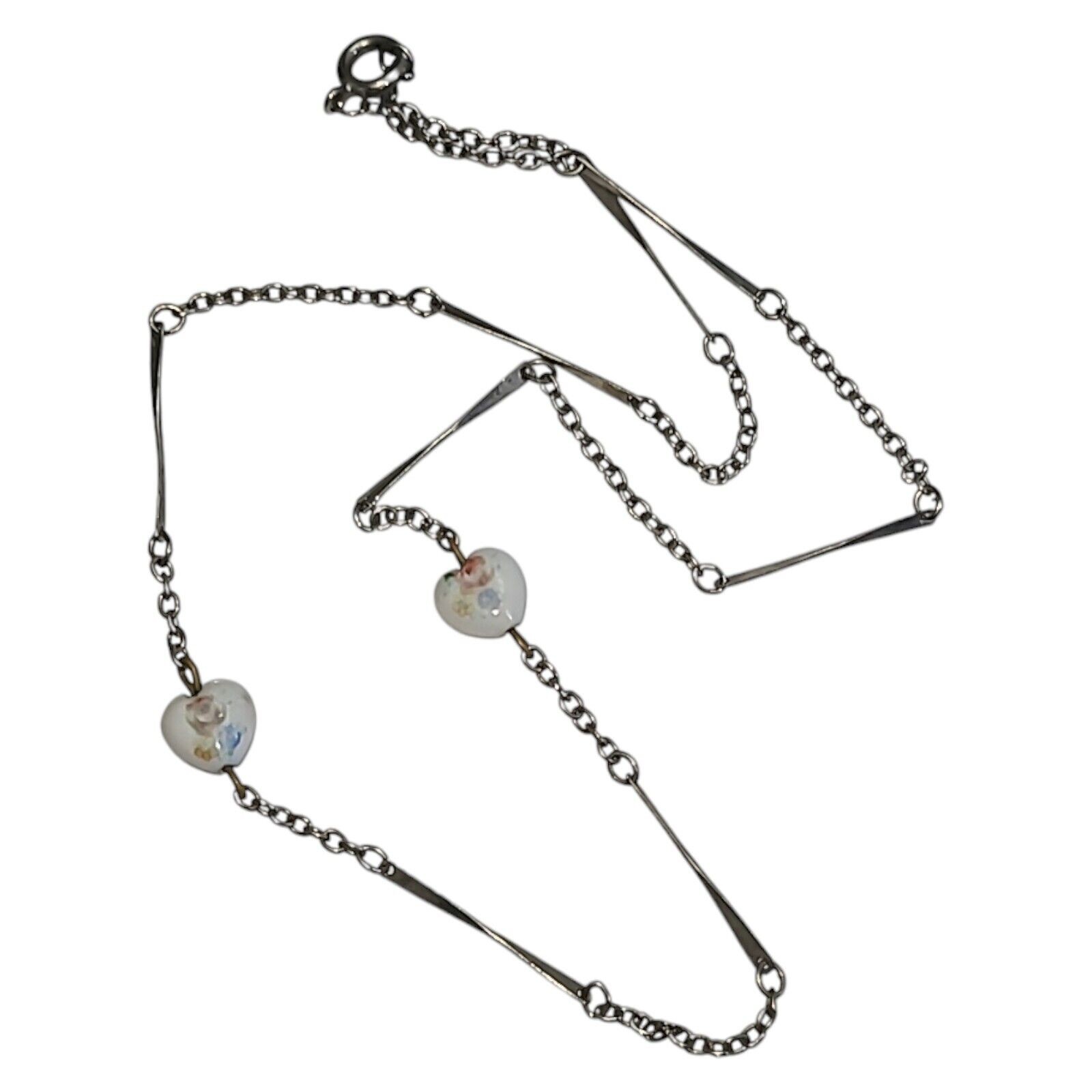 Vintage silver tone Bar Link Chain White Ceramic Hearts Station Necklace 17″