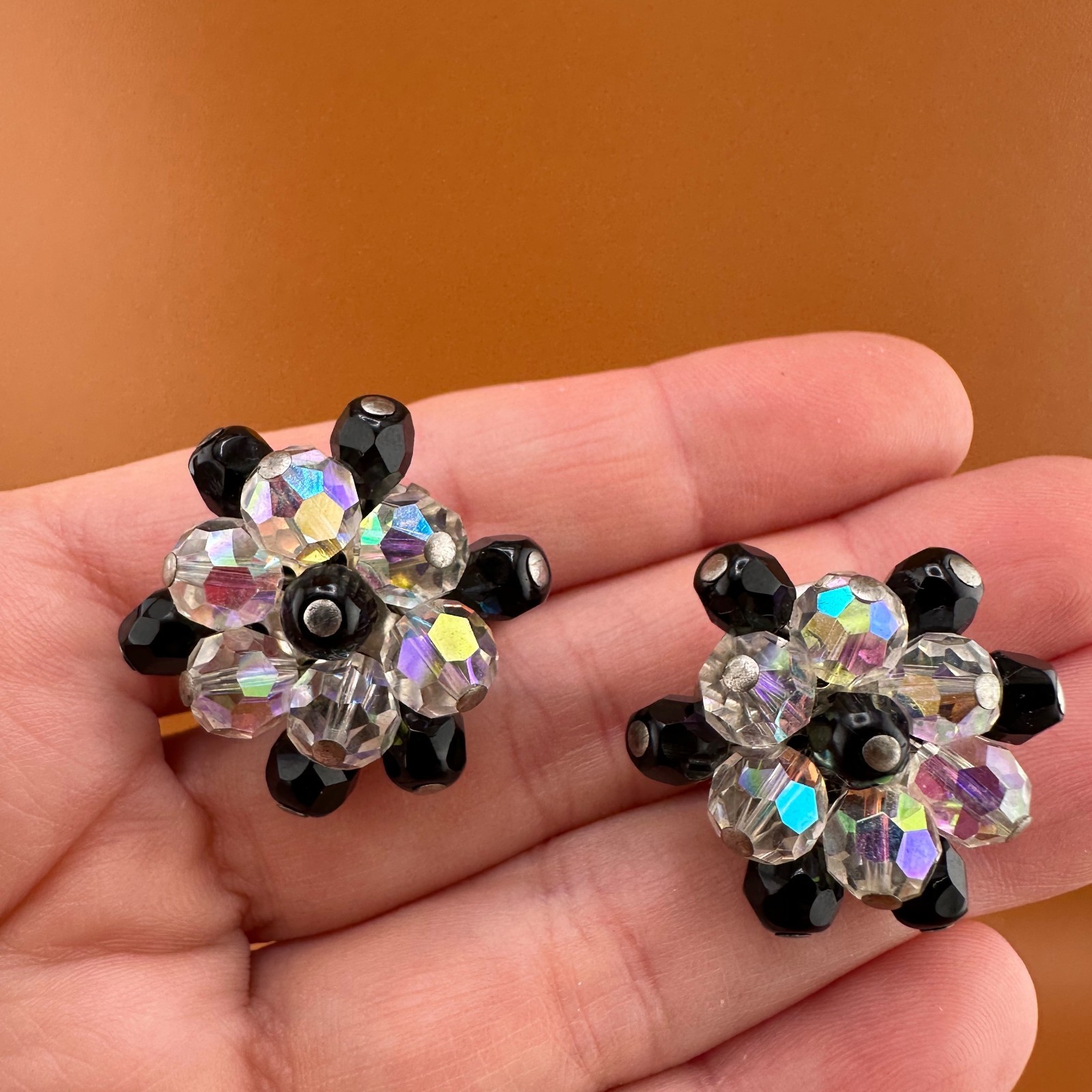 Vintage AB Crystal Bead Necklace Earrings Set Triple Strand Black & Clear 15″