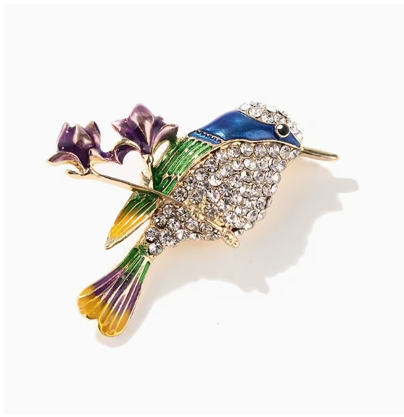 BROOCH-Enamel and Rhinestone Hummingbird with Purple Florals