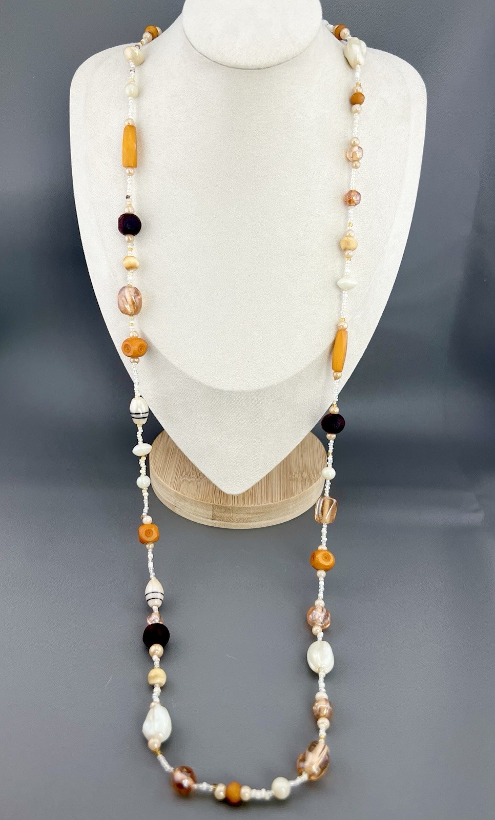 Vintage Necklace Art Glass Beaded Cream Orange White Brown 37”