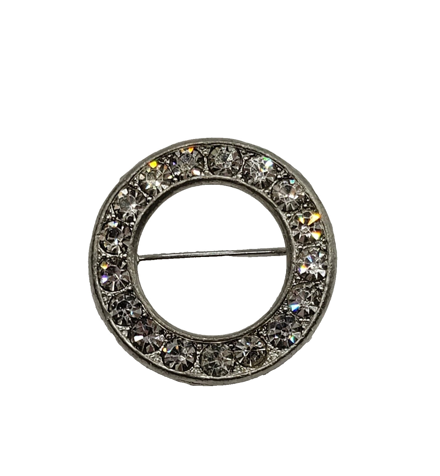 Sparkly Rhinestone Ring Circle Silver Tone Scatter Scarf Brooch Pin Vtg 1970s