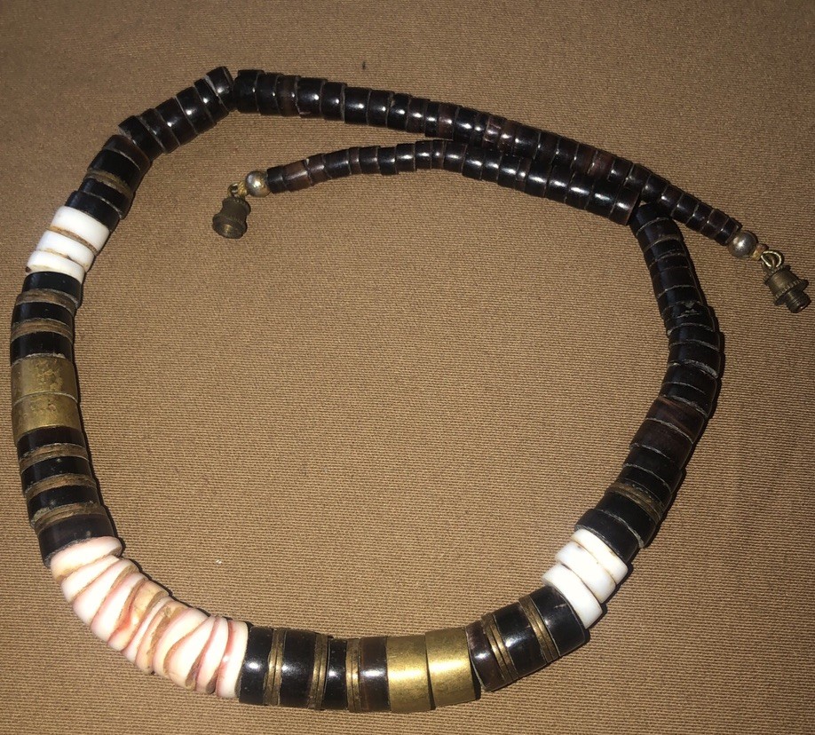 Heishi Necklace w Shell & Horn Graduated & Bronze Accent Beads 18”