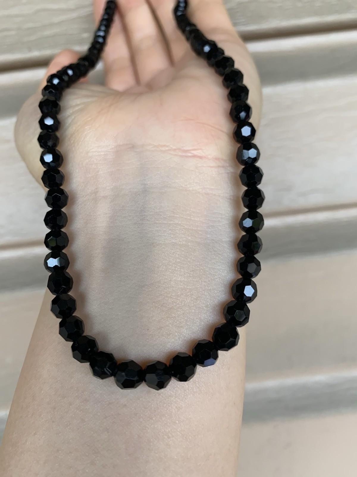 Black onyx beaded necklace silver 6.5mm / 17.5”