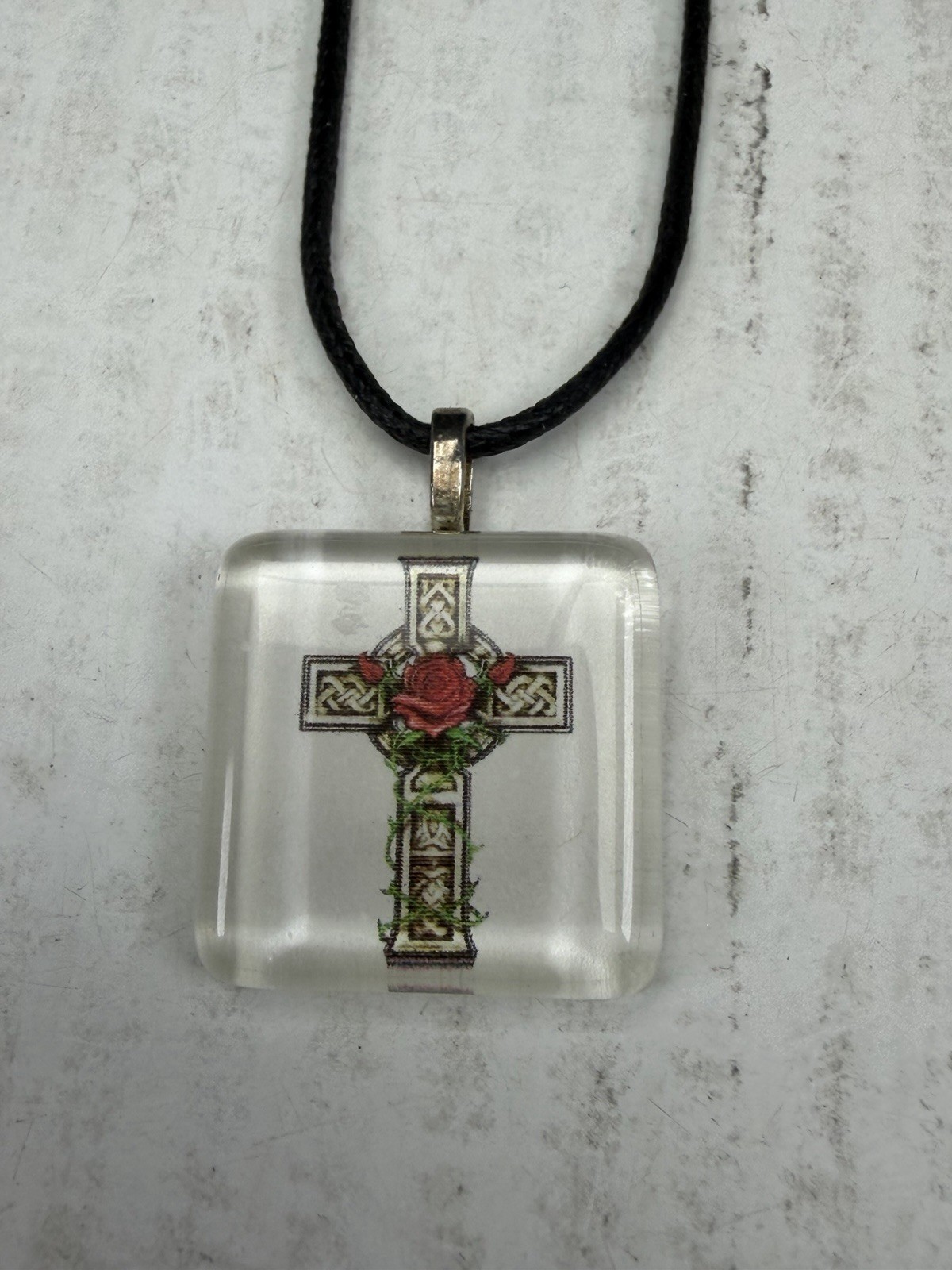 Reverse Carved Lucite Celtic Cross Rose Pendant Necklace Black Cord