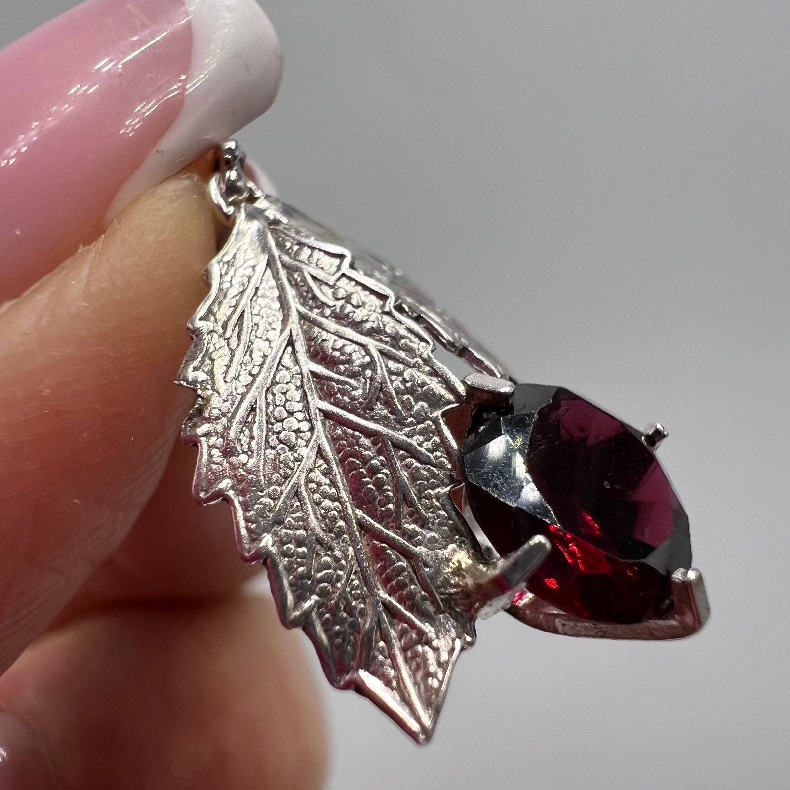 Vintage 835 Silver Leaf Pendant Red Stone | European Style | No Chain