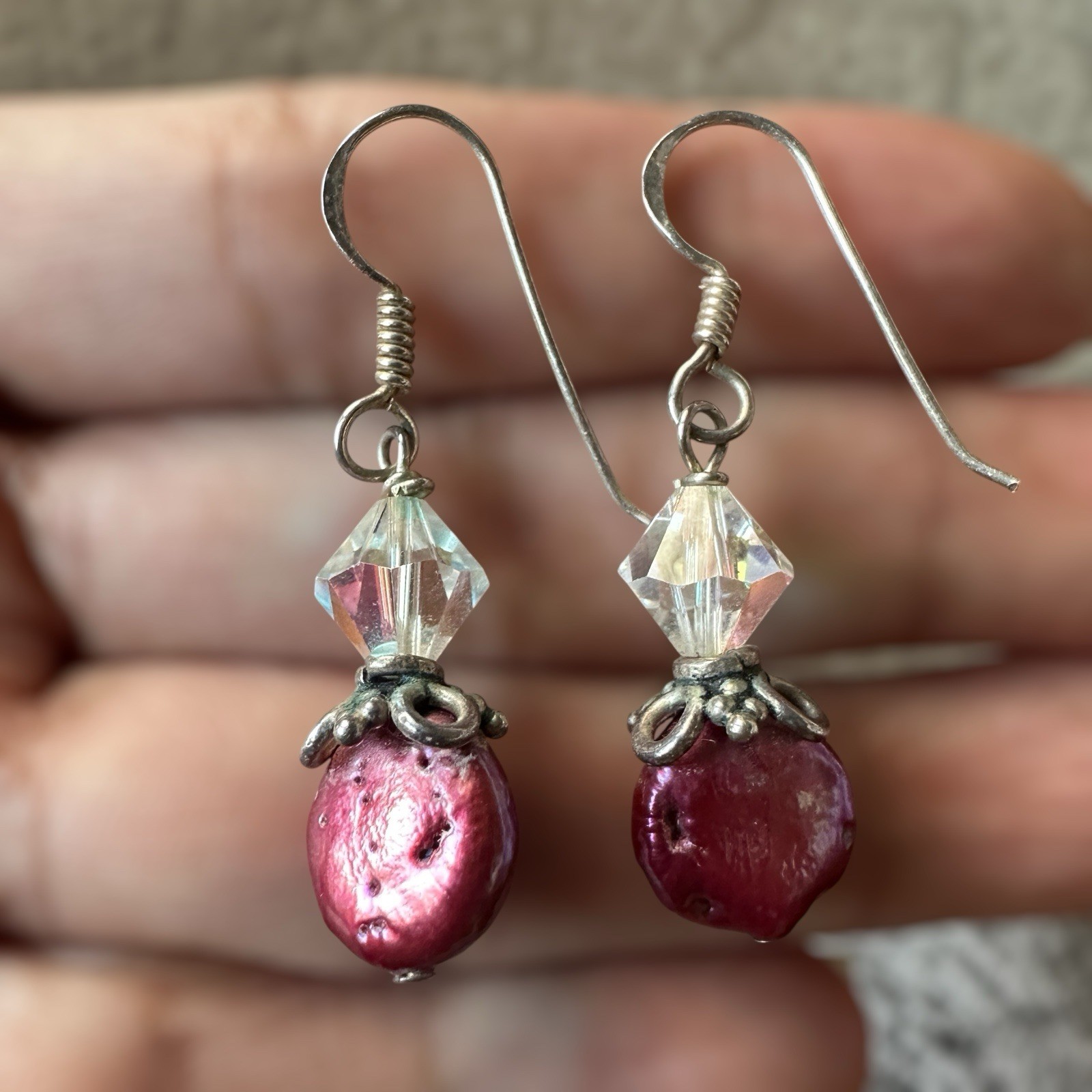 VTG 2 Pairs Dangle Drop Earrings Crystal Shell Acrylic Beads 925 Sterling Silver