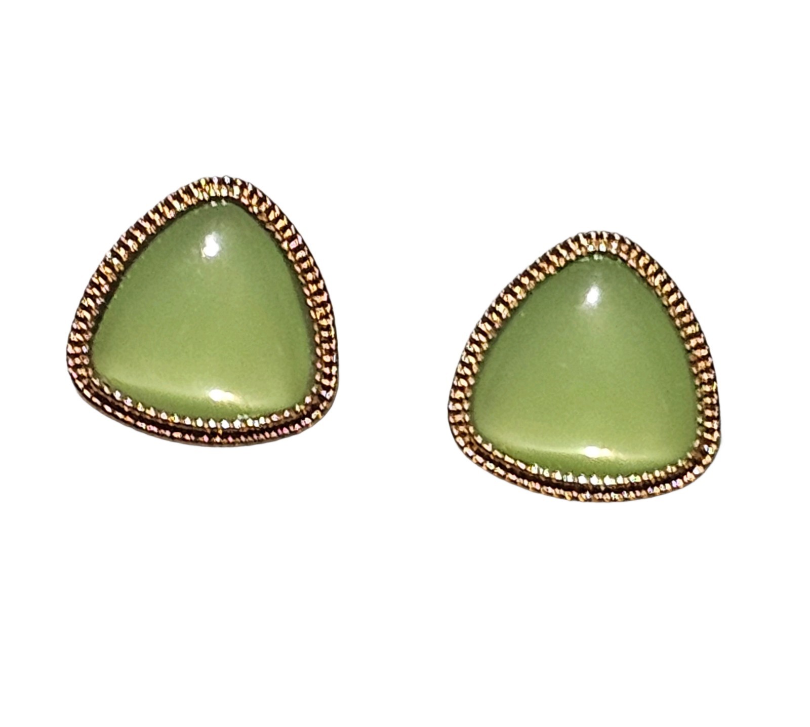 Vintage Retro Green Trillion Cabochon Stud Earrings Gold Tone Textured Border