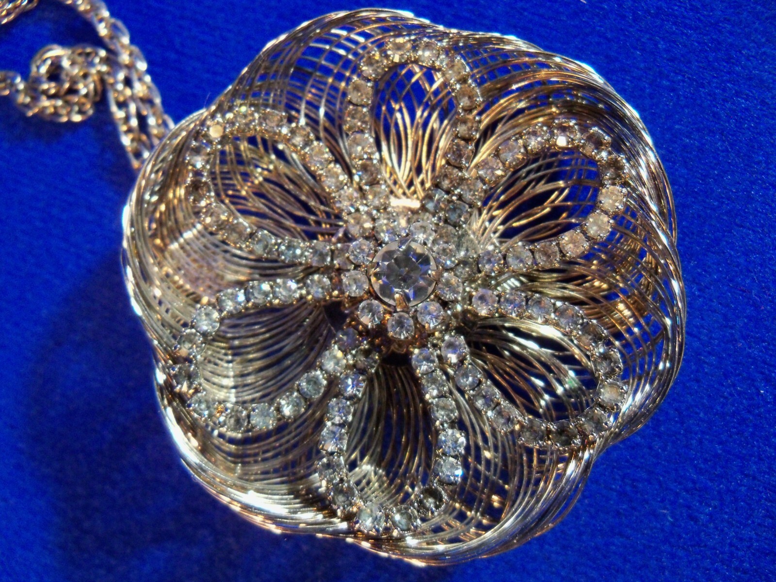 Vtg Rhinestone Flower Filigree Pendant Necklace Cannetille Silver Fine Wire Work