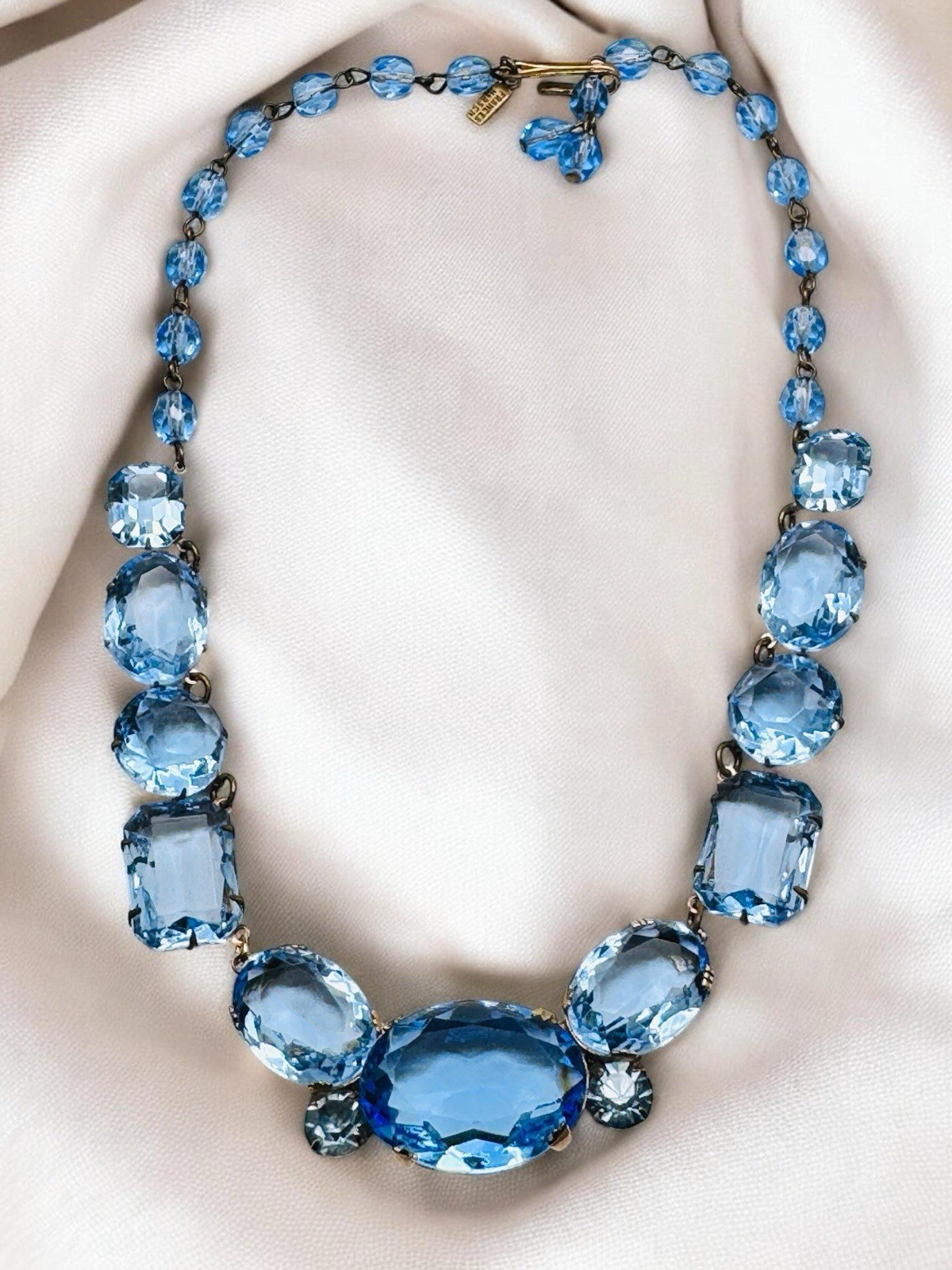 Vintage Blue Glass Rhinestone Necklace Signed Frances Hirsch Beautiful 16″