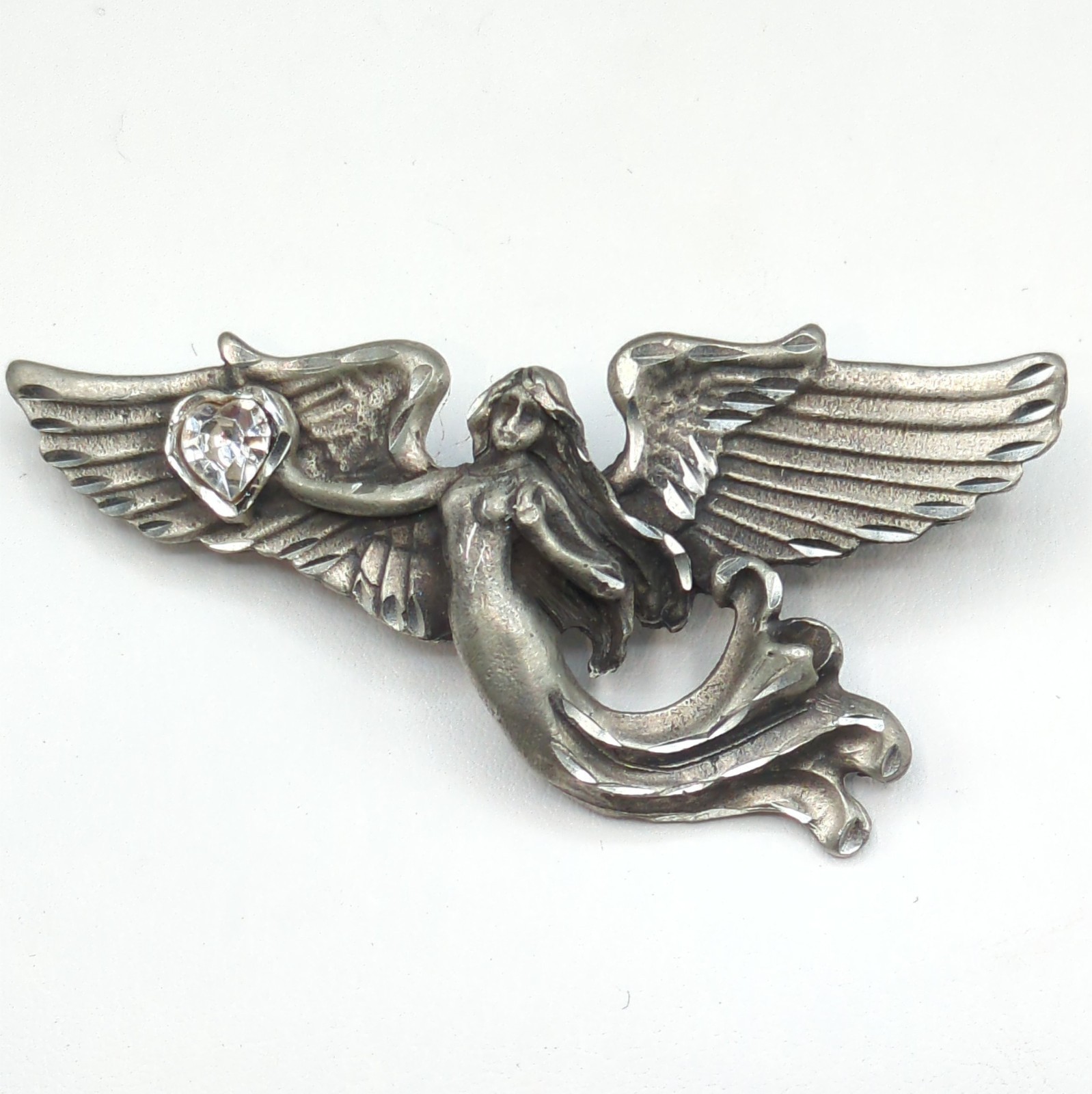 Brooch Pin Vintage Angel Heart Rhinestone Wings Signed EJC or EGC 1994 Pewter?