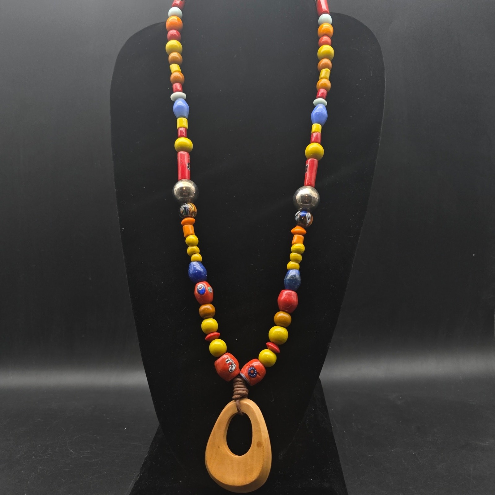 Colorful Glass Ceramic Beaded Necklace with Wood Pendant