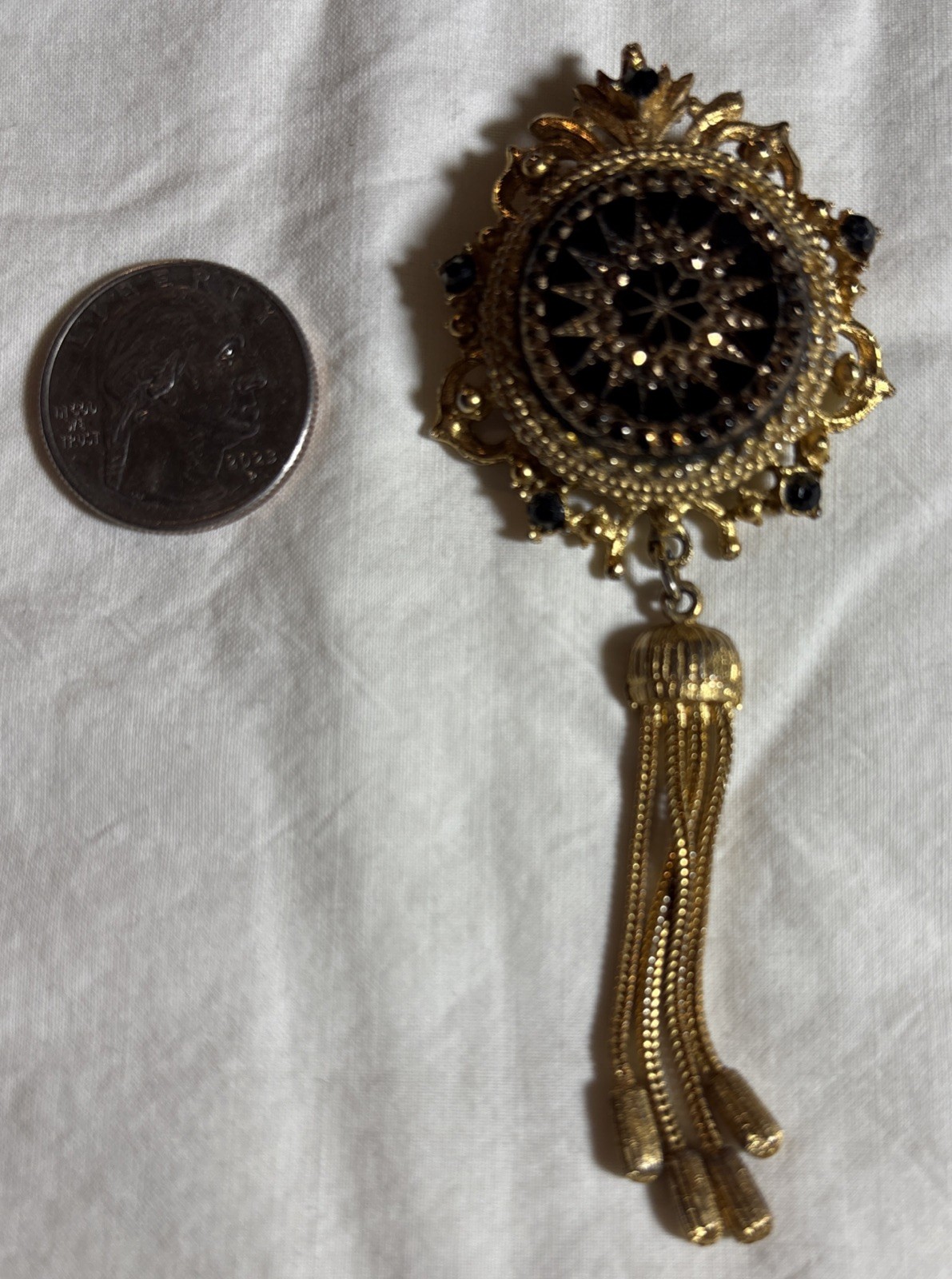 Vintage Art Deco Gold Tone Black Rhinestone Tassel Mourning Brooch Signed LJM