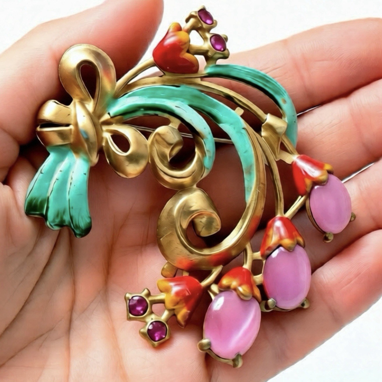 Pot Metal Flower Brooch 1940s Enamel Pink Cabochon Bouquet Vintage Large