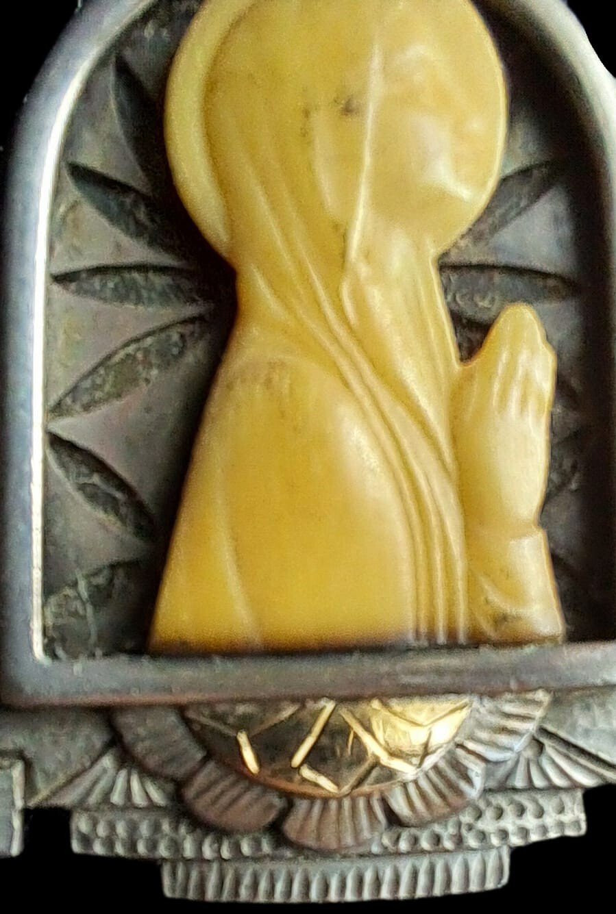 Fine Antique Art Deco Silver & Gold Madonna in Sorrow Virgin Mary Pendant C 1930