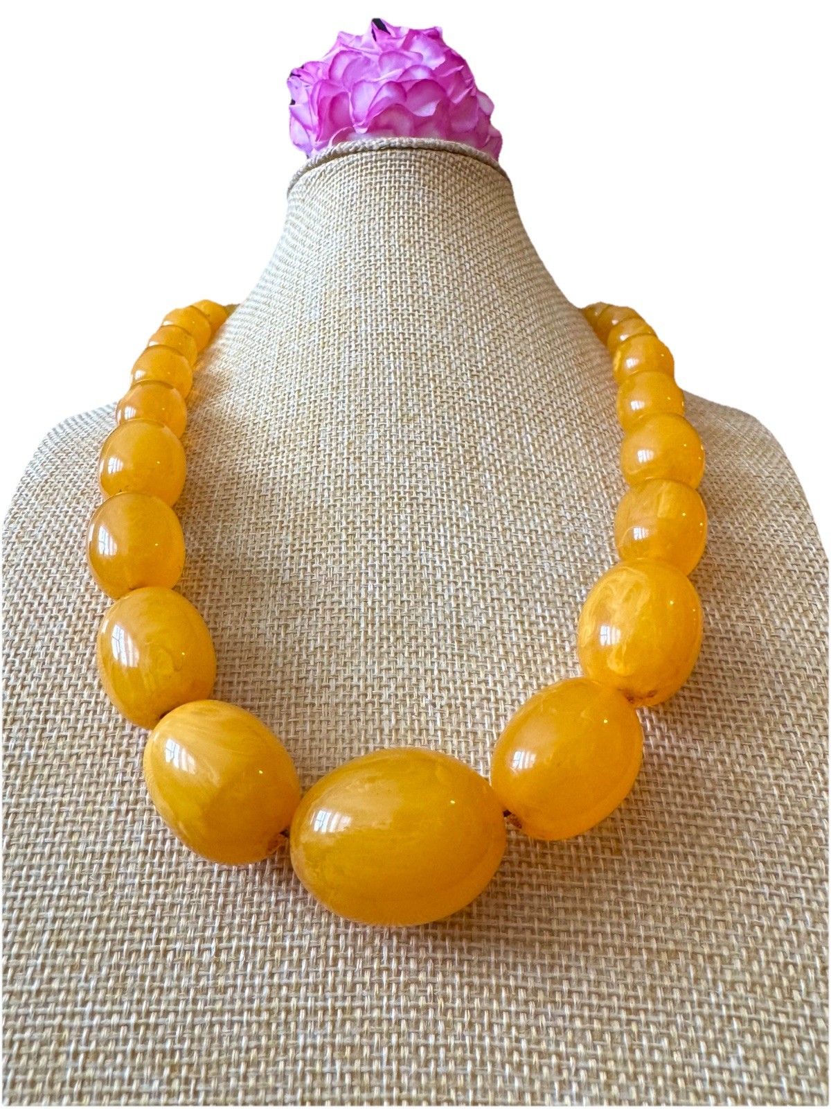 Vintage Style Oval Shape Translucent Egg Yolk Amber Resin Beads Necklace 106gr