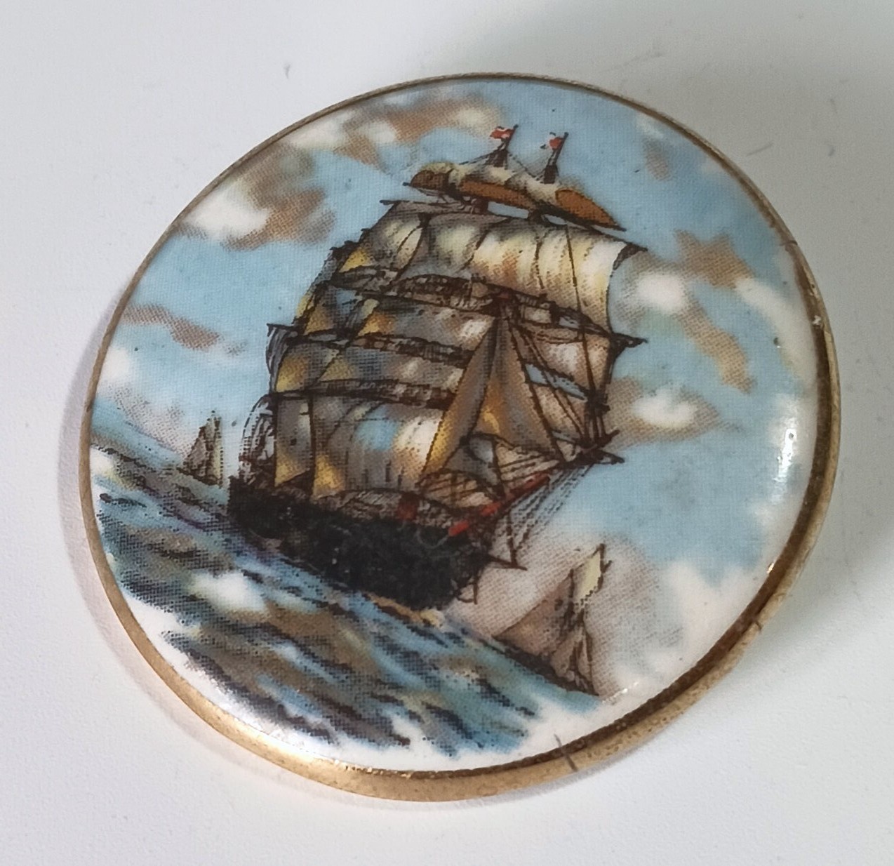 Vtg (Antique?) Painted Porcelain Brooch 1-5/8″ w/ Clipper Ship Under Full Sail