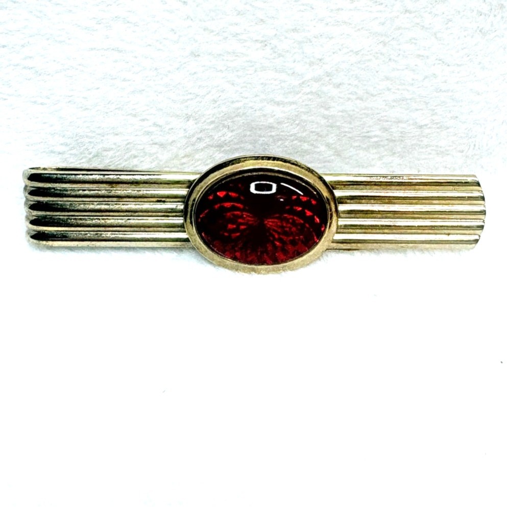 Mid‑Century Gold‑Tone Tie Clip with Red Molded Glass Cabochon, 1950s–60s