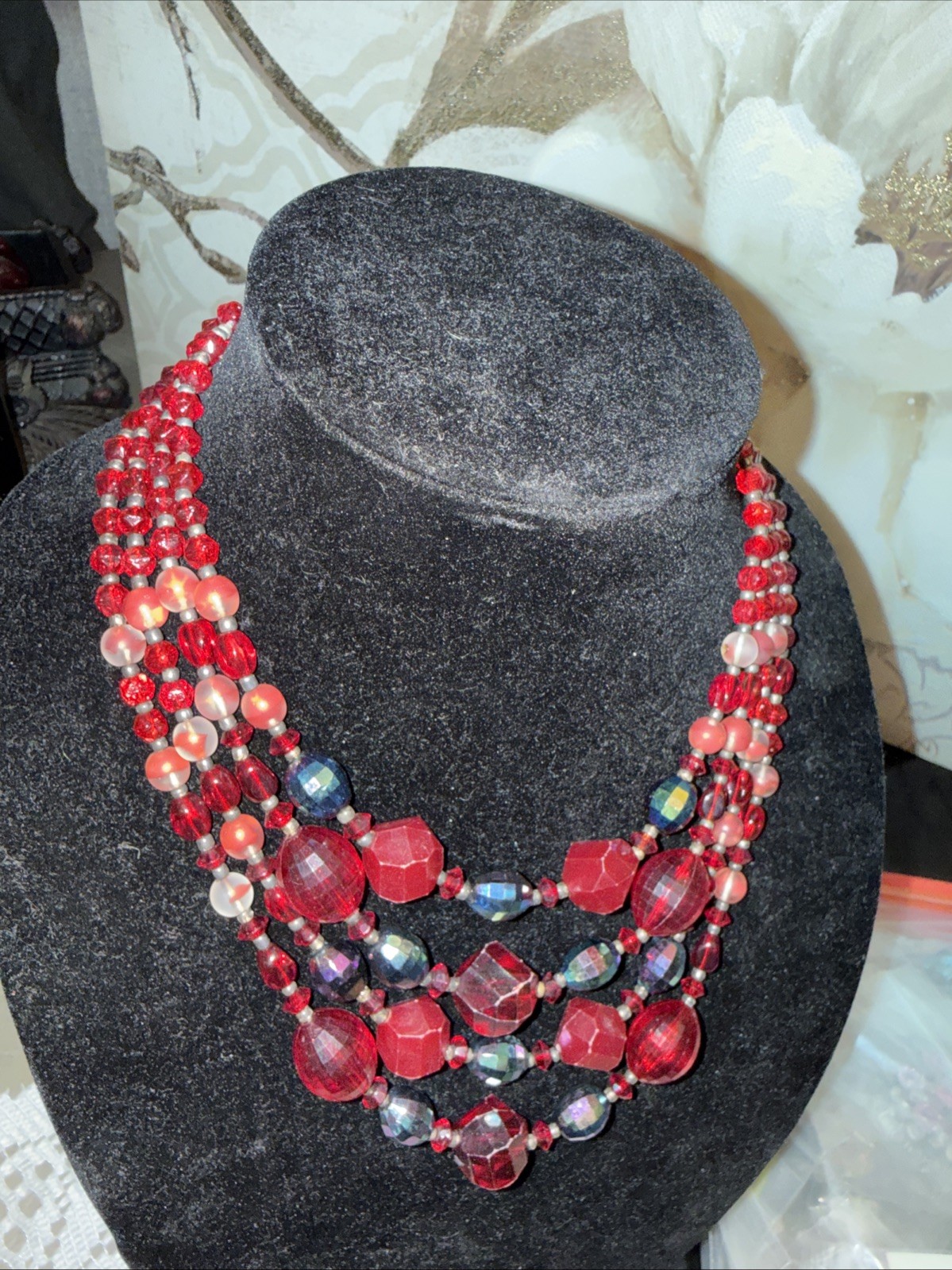 Vintage Western Germany Red/Red Iridescent 4 Stranded Beaded Necklace